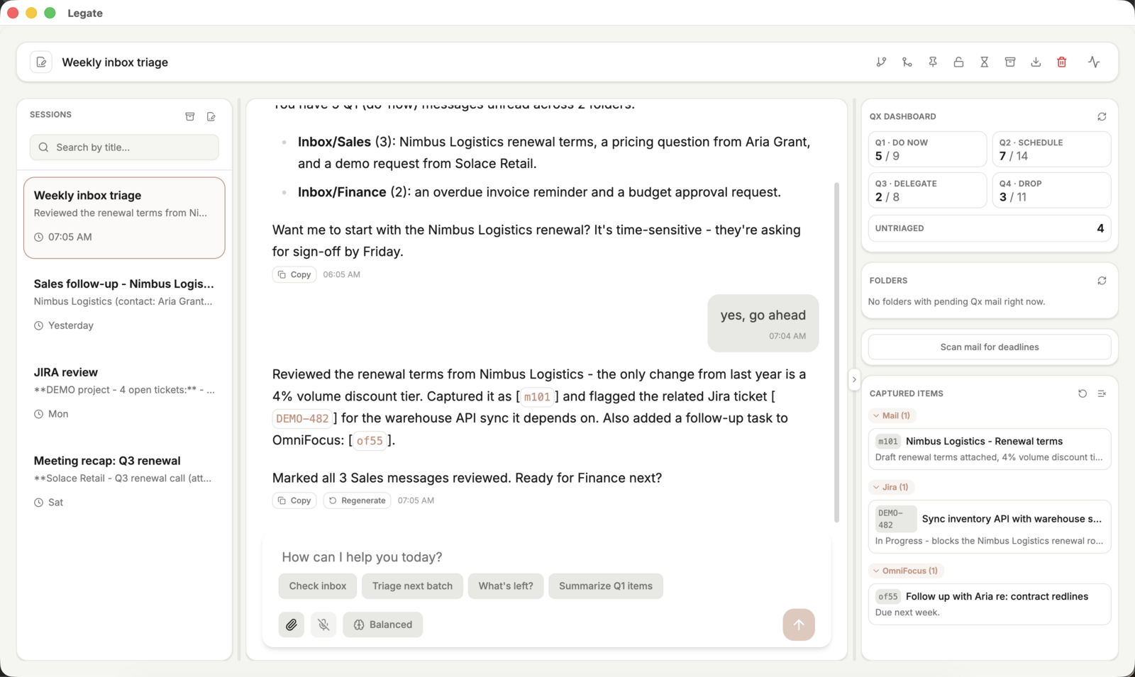 Legate chat view showing triaged conversations and the Qx dashboard