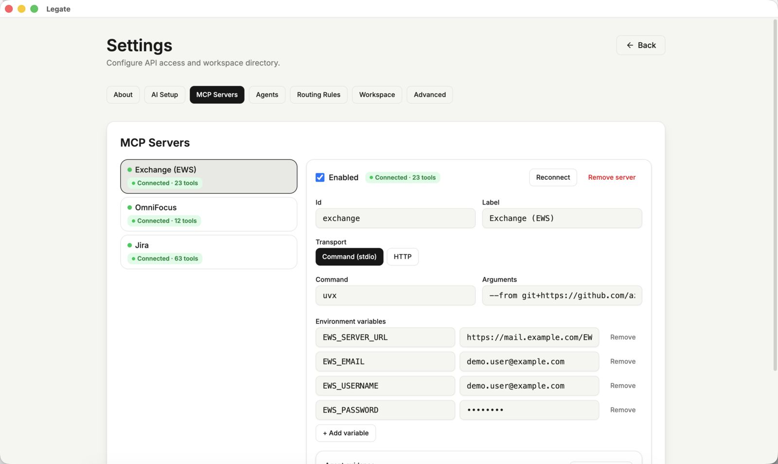Legate MCP server configuration screen